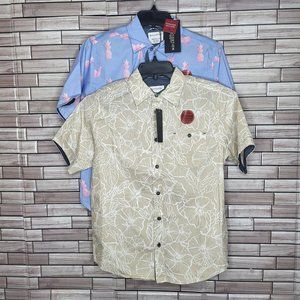 New Lot of 2 Distortion Boy's Shirt Size Medium 10-12‎ Short Sleeve Beige Floral